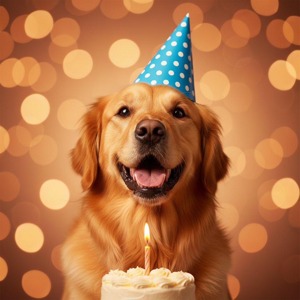 파란색 물땡땡이 고깔모자를 쓴 골든 리트리버가 촛불 하나가 켜진 강아지 전용 케이크 앞에서 환하게 웃고 있는 고화질 접사 사진, 따뜻한 조명과 부드러운 보케 배경
