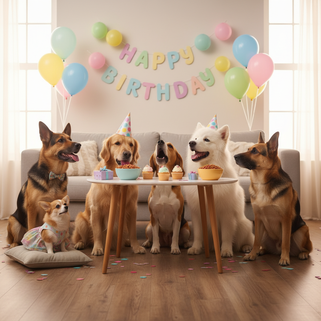 거실 벽면에 'Happy Birthday' 가랜드와 파스텔톤 풍선이 장식된 배경 앞에서 다양한 견종의 강아지들이 파티 테이블에 둘러앉아 있는 시네마틱한 단체 사진