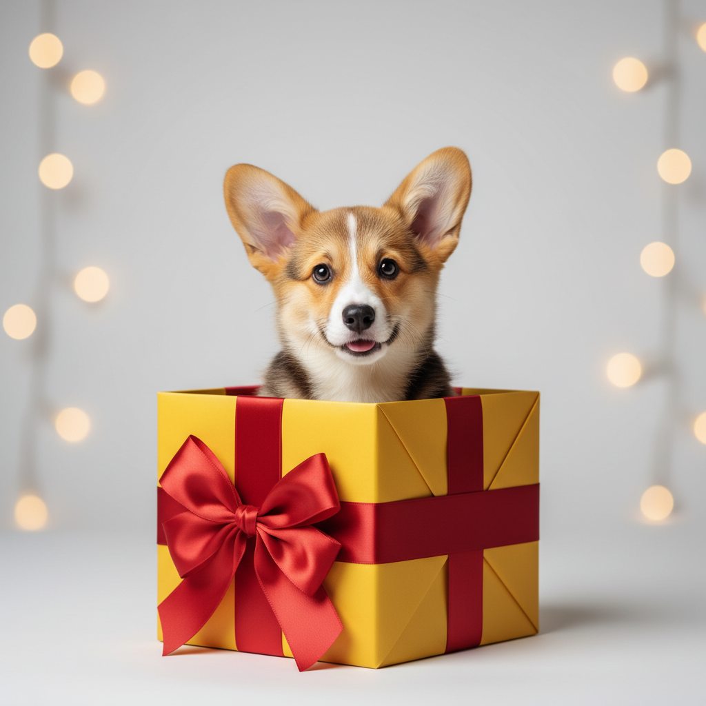 노란색 포장지와 빨간 리본으로 장식된 커다란 선물 상자 안에서 고개를 내밀고 귀엽게 쳐다보는 웰시코기 강아지, 깨끗하고 전문적인 제품 사진 스타일